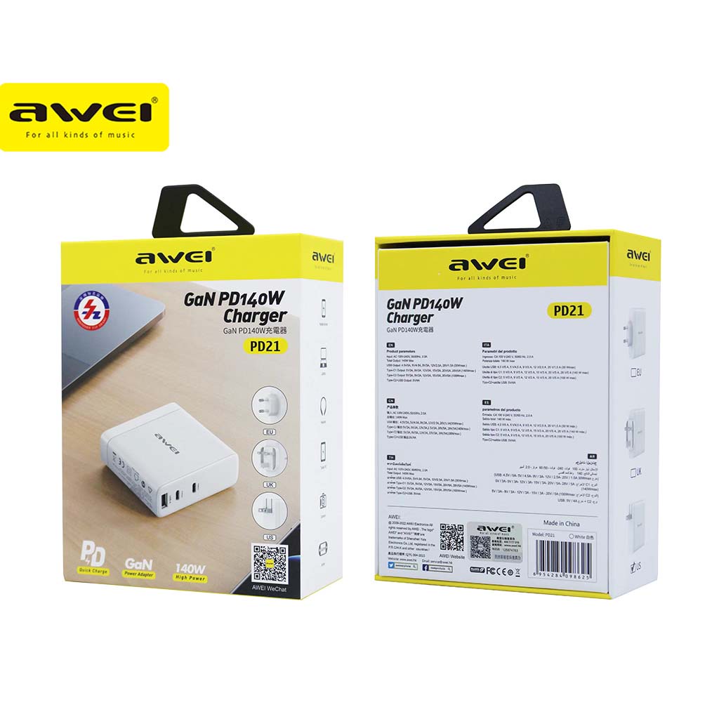 Củ Sạc Awei PD21 US Plug PD 140W 3 Cổng USB-A Và Type-C