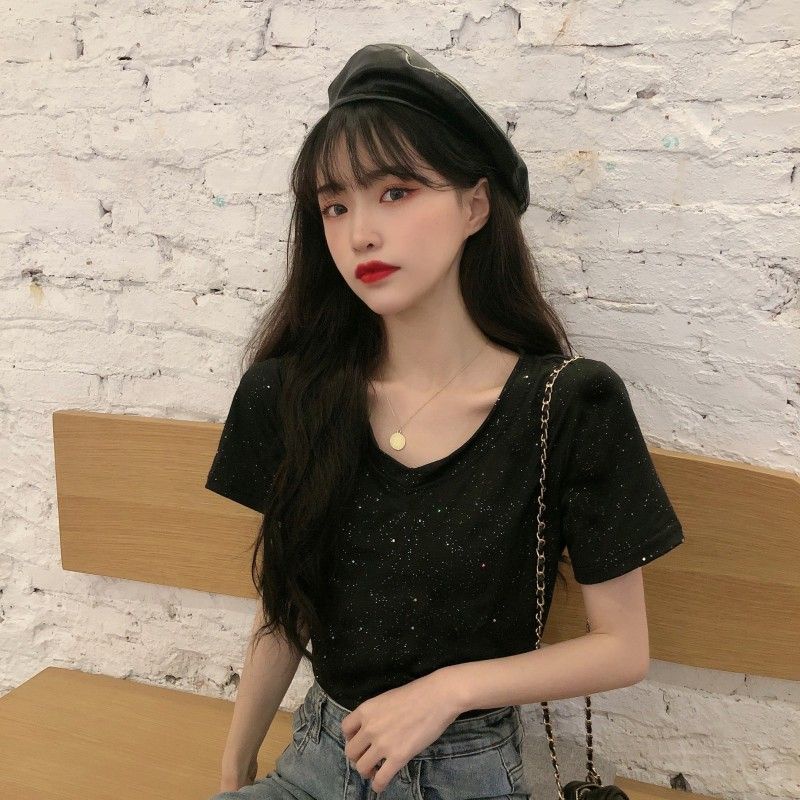 Áo Thun Nữ Ngắn Tay Cổ Chữ v Thời Trang Hàn