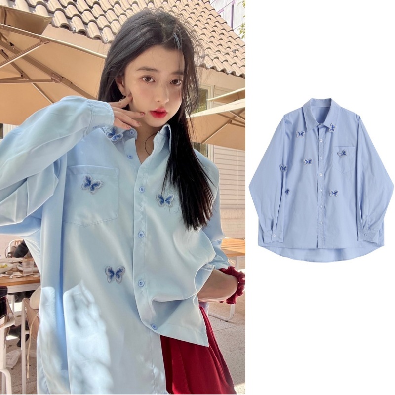 Áo sơ mi nữ SUXI tay dài dáng rộng họa tiết bướm phong cách cổ điển thời trang mùa hè