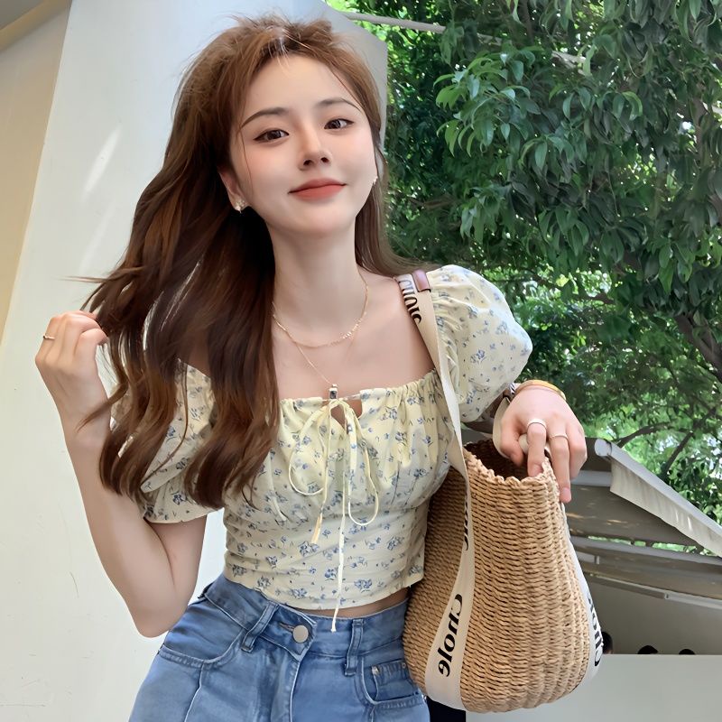 Áo Kiểu Tay Phồng Cổ Vuông Họa Tiết Hoa Phong Cách Pháp