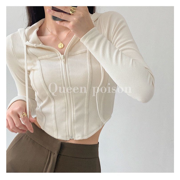 Áo croptop tay dài áo croptop Áo Khoác Thể Thao Có Nón Phối Khóa Kéo Phong Cách Âu Mỹ Cho Nữ