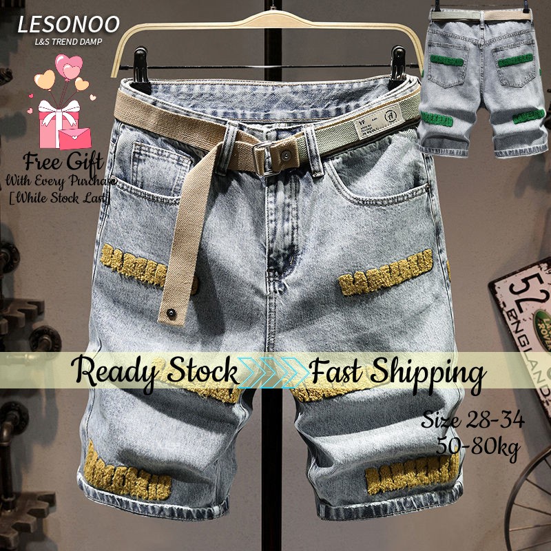 28-34 Quần short denim cỡ lớn rộng rãi quần năm phân dập nổi xu hướng mẫu mỏng cho nam quần lửng ống rộng ống đứng thoải mái cho người béo
