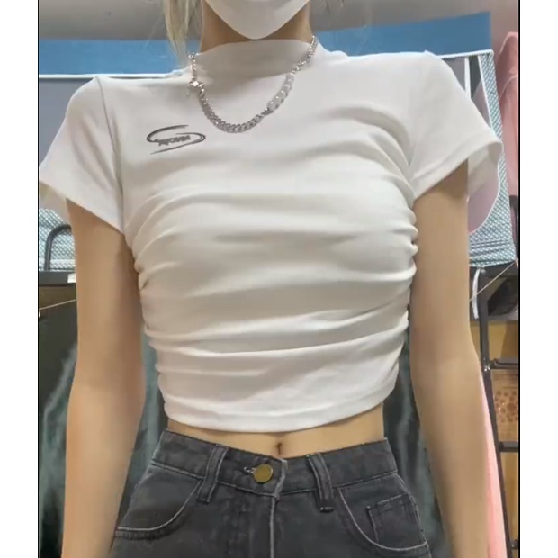 Ethelgirl Áo Thun Ngắn Tay Dáng Ôm Thiết Kế Xếp Ly Dễ Phối Đồ Thời Trang Cho Nữ