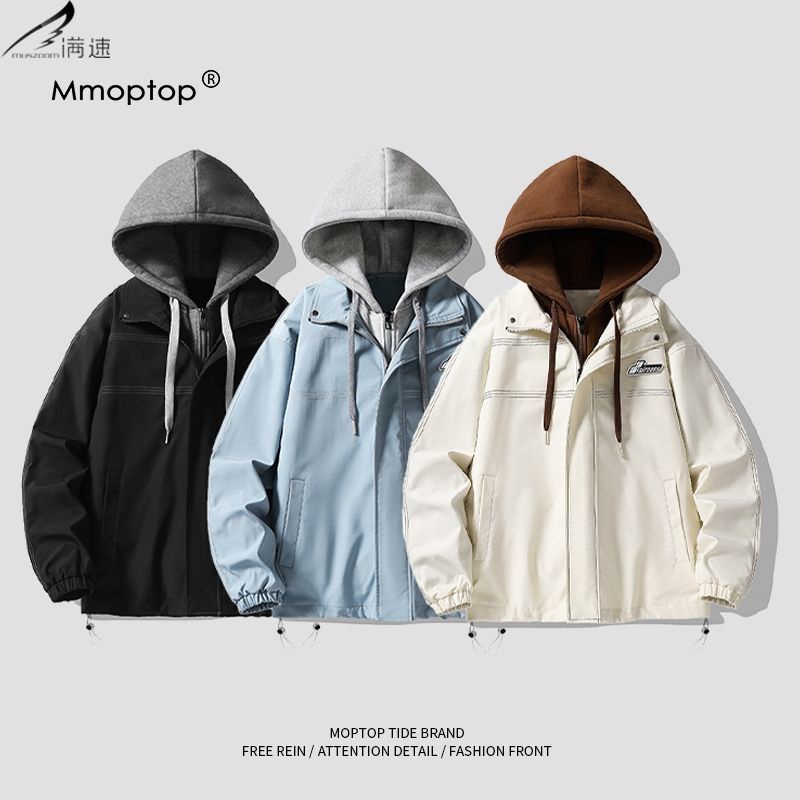 Áo Khoác Giả Hai Lớp Có Mũ Trùm Dáng Rộng Thời Trang Nhật Bản Dành Cho Nam