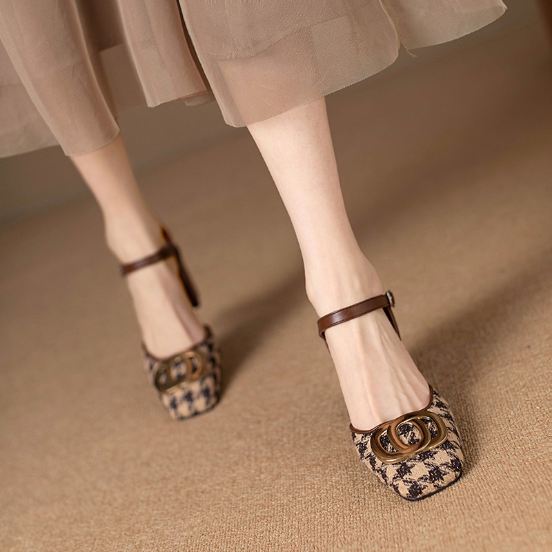 Giày Sandal Cao Gót Mũi Vuông Họa Tiết Ca Rô Thời Trang Dành Cho Nữ / Size 34-40