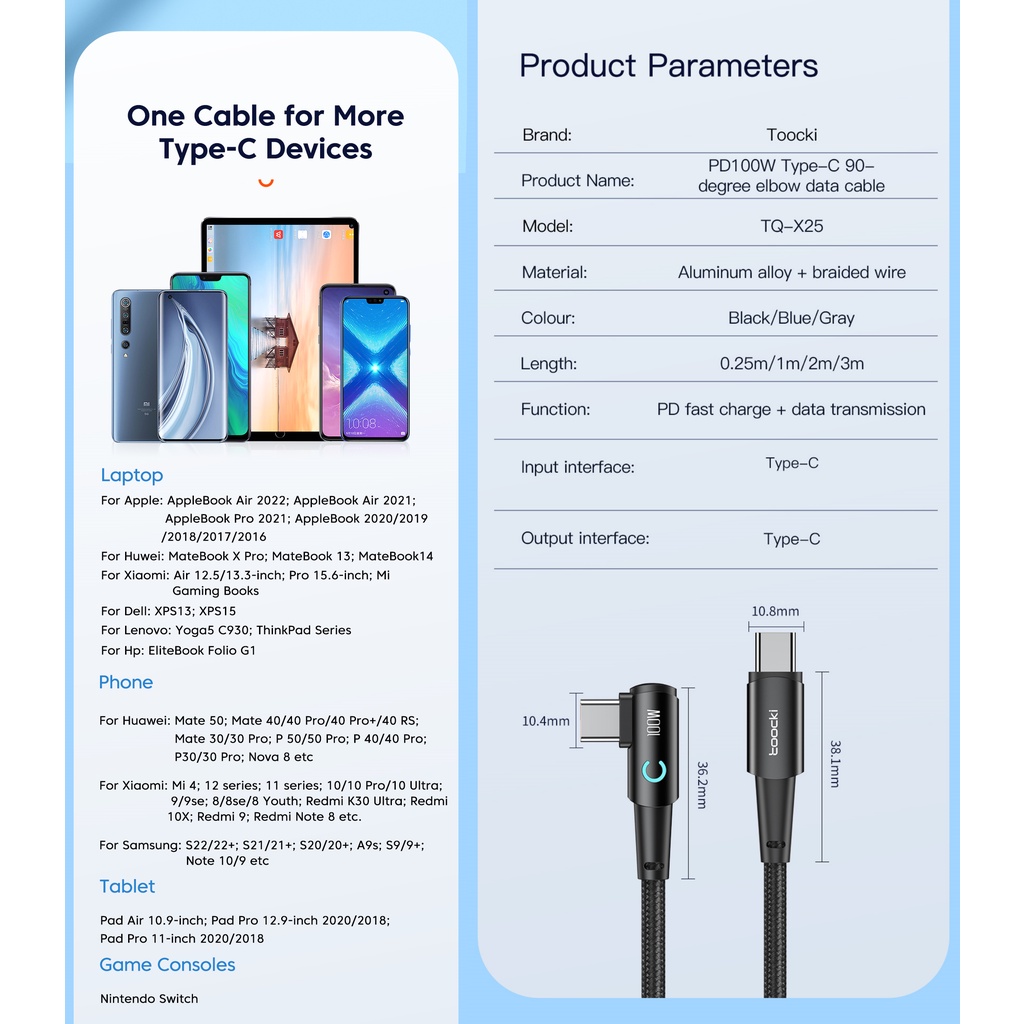 Dây Cáp Sạc Nhanh USB C Sang Type C 100W PD Cho POCO Samsung 90 Độ 5A