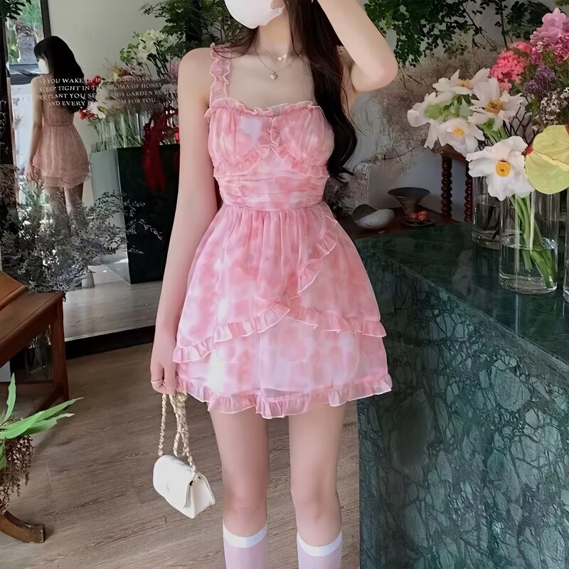 Y y ng n Girl Đầm Voan Hai Dây Dáng Chữ a Ngắn Ôm Eo Màu Hồng Phong Cách Siêu Thơ Mộng Đi Biển Mùa Hè