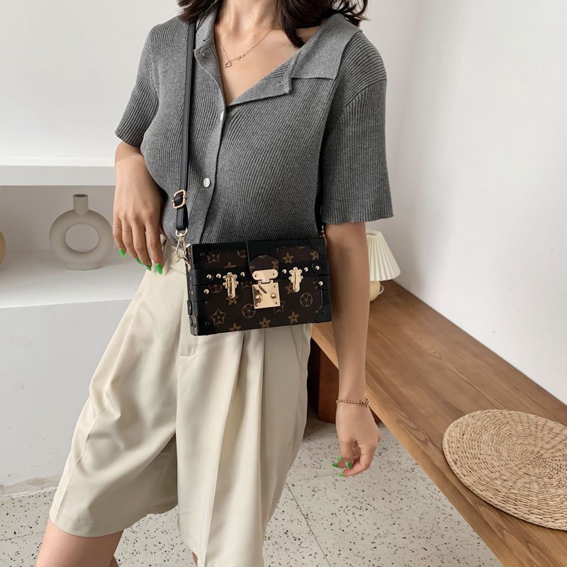 Túi Đeo Chéo Da Pu Khóa Hình Vuông Cỡ Nhỏ Họa Tiết Hoa Thời Trang Cho Nữ
