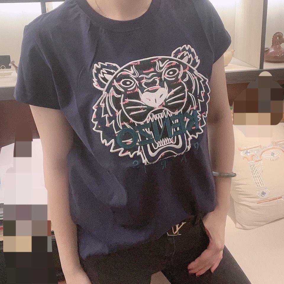 Kenzo Áo Thun cotton Trắng Xanh Thêu Hình Đầu Hổ Thời Trang