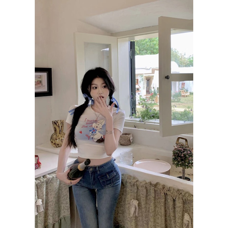 Nrvp [Hàng Có Sẵn] Áo Thun Cotton Tay Ngắn Dáng Ôm In Hình Đồ Họa Độc Đáo Thời Trang Đường Phố Hàn Quốc Dành Cho Bạn Nữ