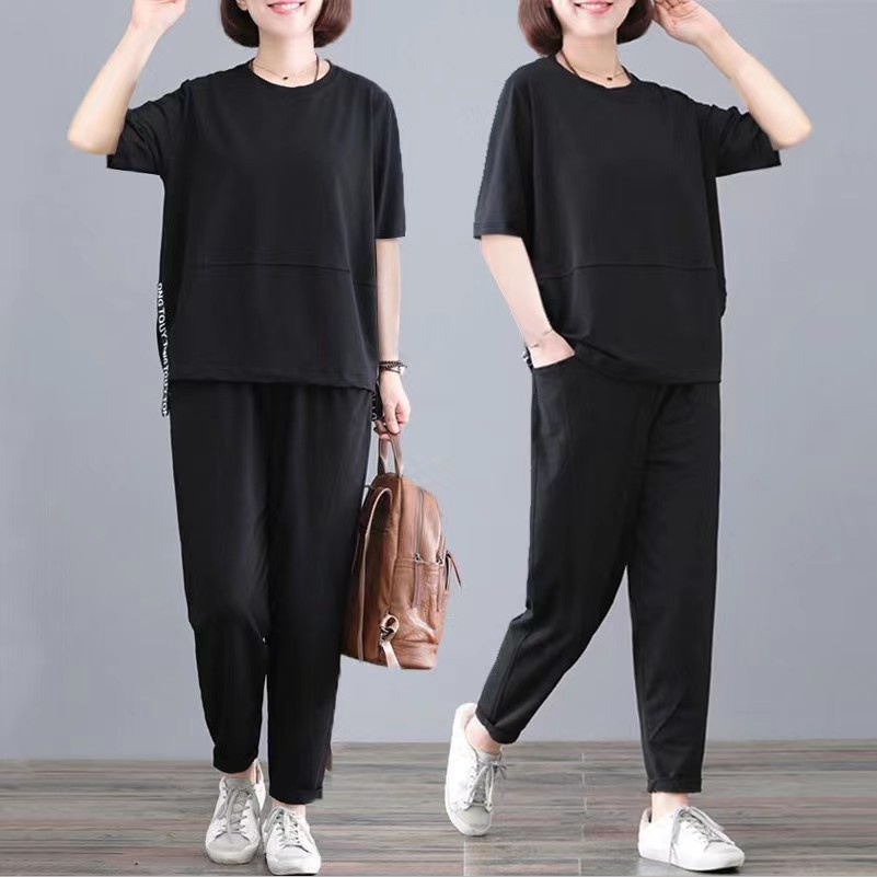 Set 2 Món Áo Thun Tay Ngắn Dáng Suông + Quần Dài Lưng Cao Thời Trang Cho Nữ Size 5XL #541