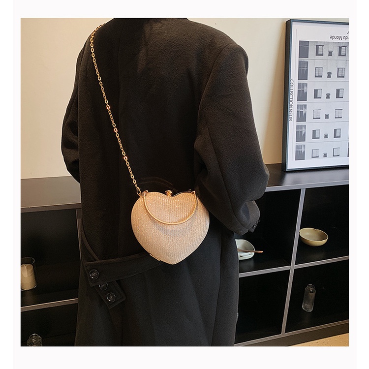 Túi Đeo Chéo Dây Xích Trái Tim Lấp Lánh 3 Màu Thời Trang Cao Cấp Dành Cho Nữ