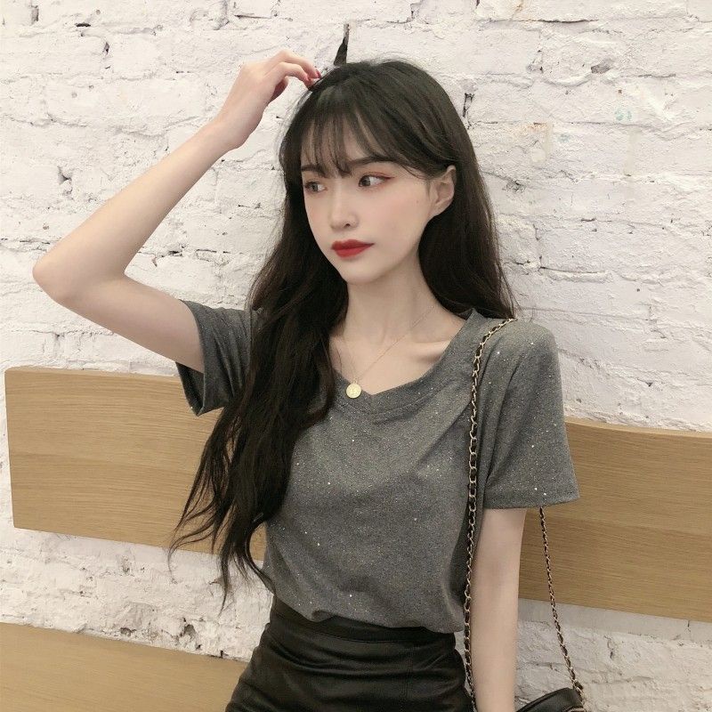 Áo Thun Nữ Ngắn Tay Cổ Chữ v Thời Trang Hàn