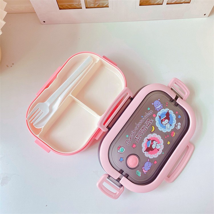 Hộp Đựng Cơm Trưa Hai Tầng Bằng Nhựa Kèm Muỗng Nĩa Hình Shinchan melody Winnie pooh xo marvel hero twins hello kitty cinnamoroll purin Poacco snow stella stitch