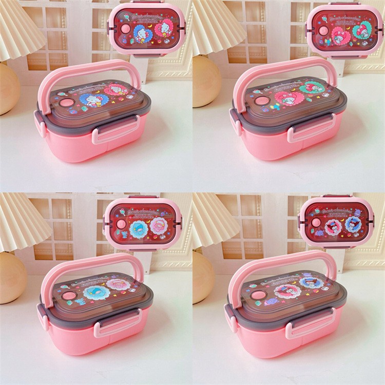 Hộp Đựng Cơm Trưa Hai Tầng Bằng Nhựa Kèm Muỗng Nĩa Hình Shinchan melody Winnie pooh xo marvel hero twins hello kitty cinnamoroll purin Poacco snow stella stitch