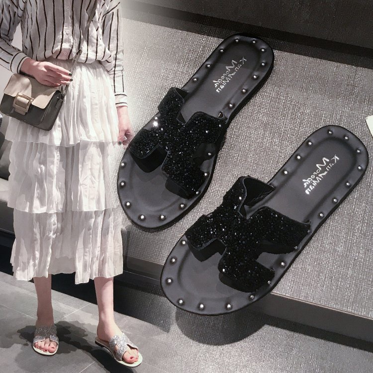 Dép Sandal Đế Bằng Đính Đá Thời Trang 2023 Cho Nữ