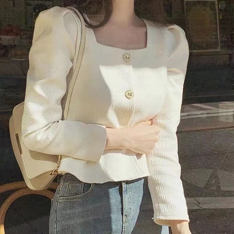 Áo Kiểu Tay Dài Cổ Vuông Dáng Ôm Thời Trang retro Hàn Quốc Cho Nữ