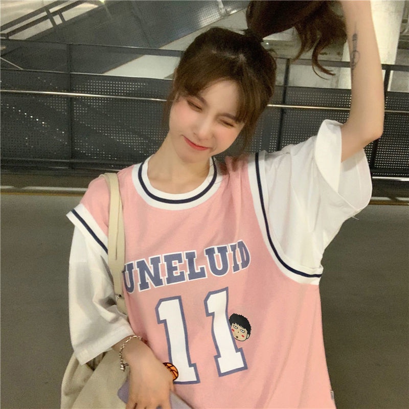 Áo Thun Bóng Rổ Giả Hai Lớp Tay Ngắn Dáng Rộng Phong Cách Hàn Quốc Mới Cho Nữ