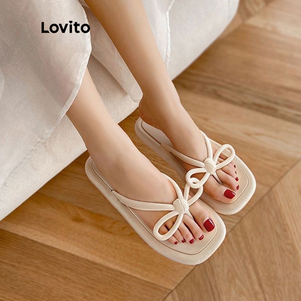 Lovito Casual Trơn Thắt Nơ Mũi Post PVC Ngoài Trời Mát Mẻ Thời Trang Mùa Hè Hàn Quốc Đế Dày Chống Trượt Đế Dày Nhanh Khô Đáy Dày Thoáng Khí Cho Nữ LIS02003 (Hồng Nhạt/Trắng/Đen)