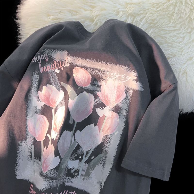 Áo Thun 100% Cotton Tay Ngắn Dáng Rộng Họa Tiết Hoa Tulip Thời Trang Mùa Hè Cho Nữ