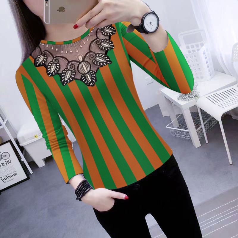 ~ Áo Thun Tay Dài Cổ Tròn Phối Ren Ôm Dáng Họa Tiết Kẻ Sọc Xuân Hè 2023 Dễ Phối Đồ Cho Nữ