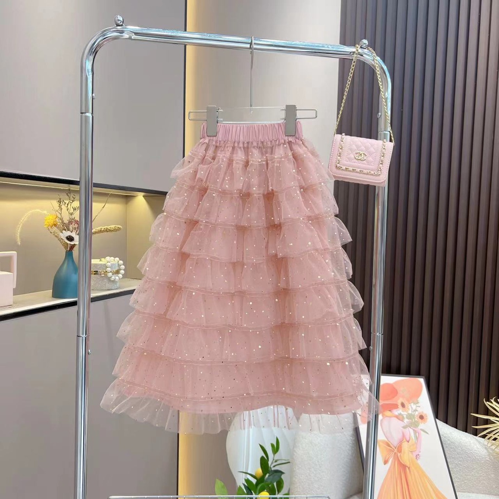 Set Áo Hở Vai Phối Bèo Nhún + Chân Váy Lưới Đính Kim Sa Thời Trang Mùa Hè Cho Nữ