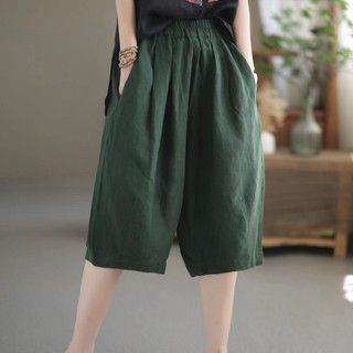 Quần short cotton lanh lưng thun ống rộng in họa tiết thổ cẩm thời trang mùa hè cho nữ