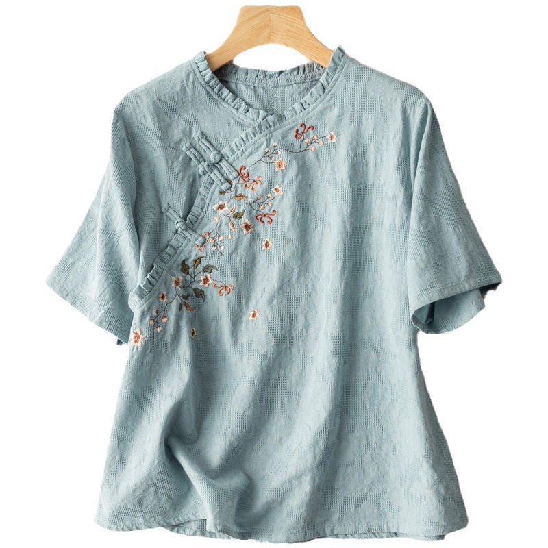 Áo Sơ Mi Vải Lanh Cotton Tay Ngắn Thêu Họa Tiết Phong Cách Trung Hoa Cổ Điển Thời Trang Mùa Hè Cho Nữ