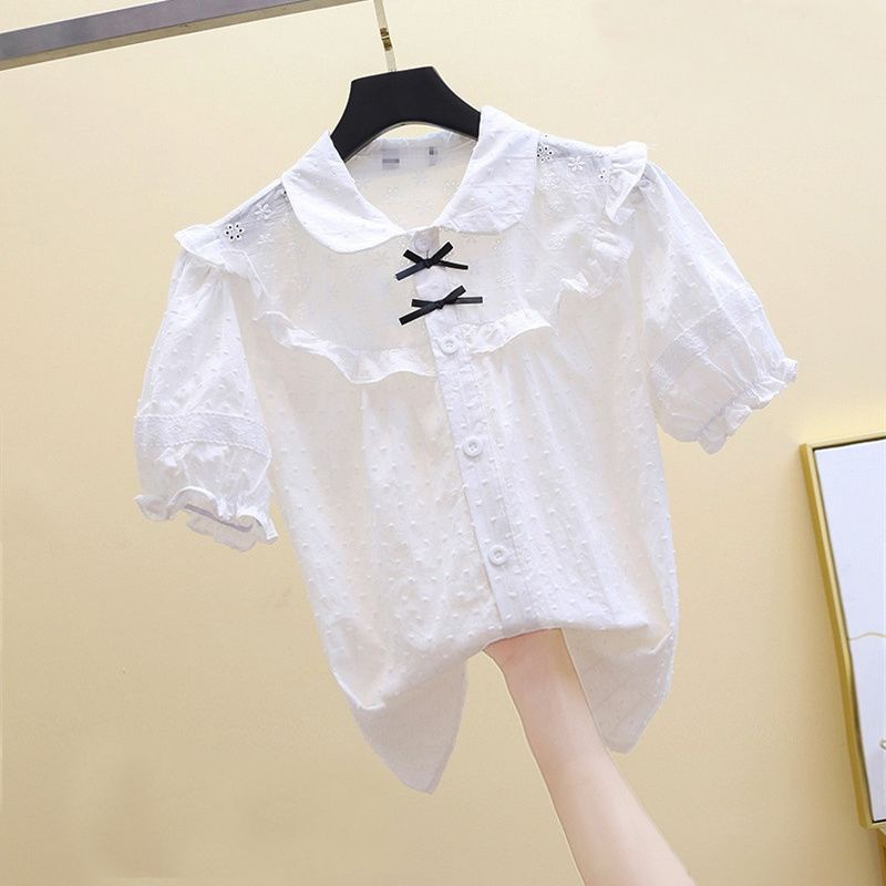 Áo Sơ Mi Cotton Tay Ngắn Màu Trắng Đính Nơ Phong Cách Phương Tây Dành Cho Bé Gái