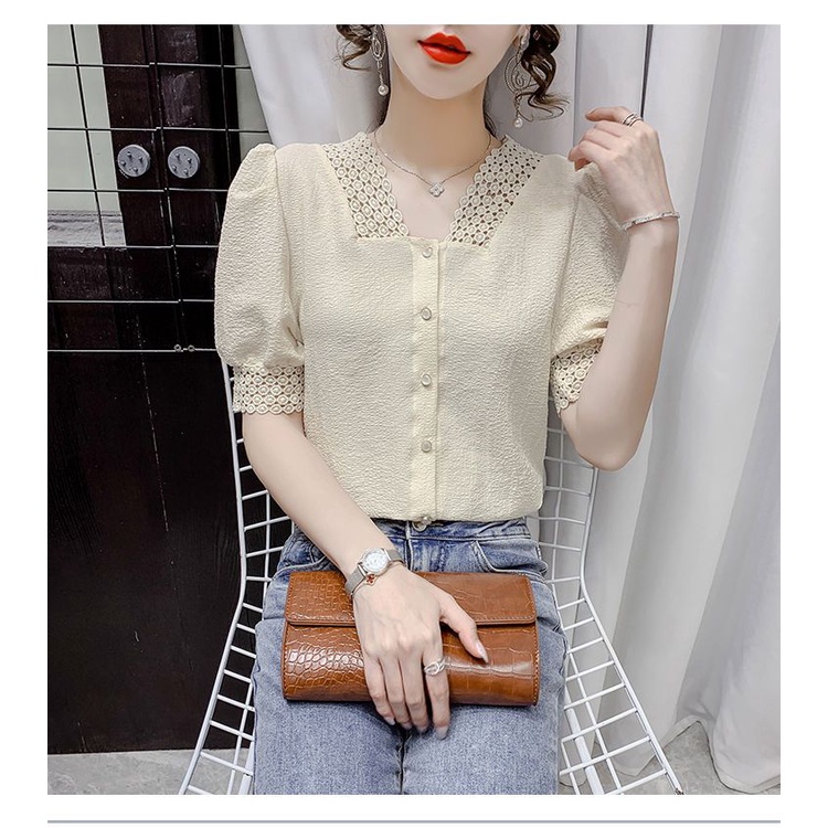 Áo Sơ Mi Chiffon Ngắn Tay Cổ Chữ V Phối Ren Phong Cách Pháp