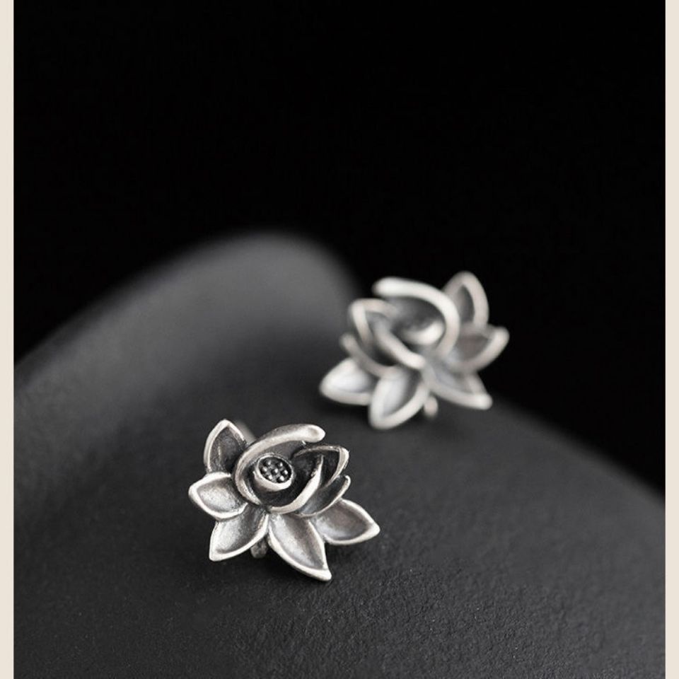 Bông Tai Hình Hoa Sen Ba Chiều Bằng Bạc Sterling Phong Cách Trung Hoa Cổ Điển Thời Trang Cho Nữ 5.19