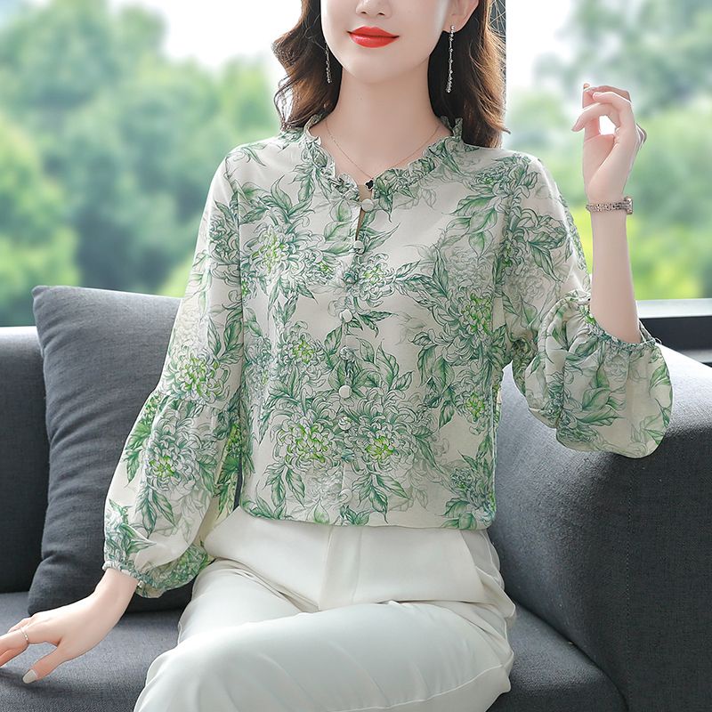 Áo Sơ Mi Voan Hoa Tay Dài Dáng Rộng Che Phủ Bụng Phong Cách Hàn Quốc Dành Cho Nữ