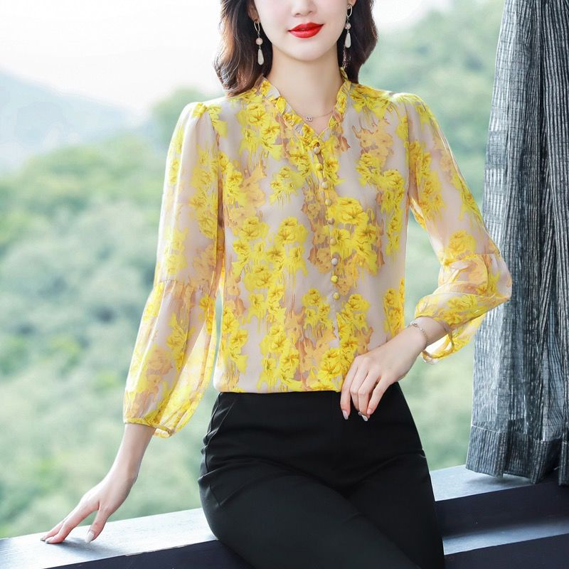 Áo Sơ Mi Voan Hoa Tay Dài Dáng Rộng Che Phủ Bụng Phong Cách Hàn Quốc Dành Cho Nữ