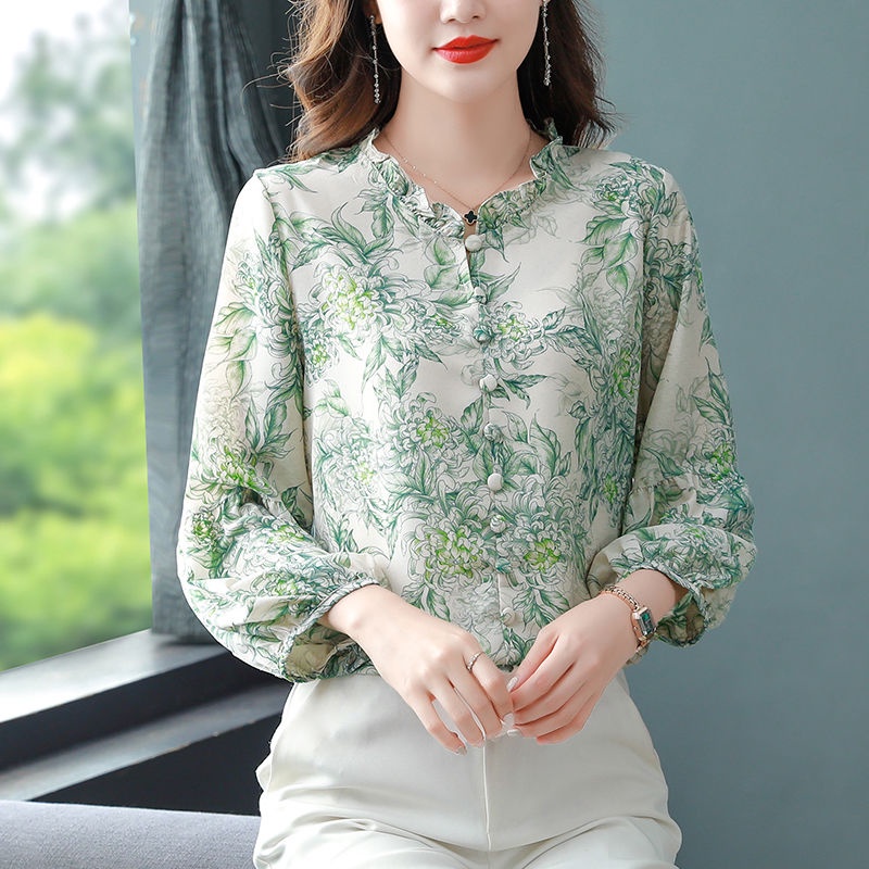 Áo Sơ Mi Voan Hoa Tay Dài Dáng Rộng Che Phủ Bụng Phong Cách Hàn Quốc Dành Cho Nữ