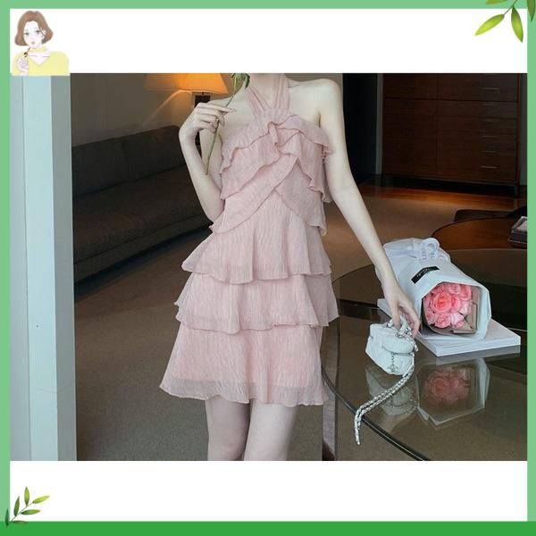 Đầm cổ yếm Váy hai dây Đầm Voan Ngắn Xếp Tầng Cổ Yếm Lưng Cao Trễ Vai Phối Bèo Thời Trang Retro 2023