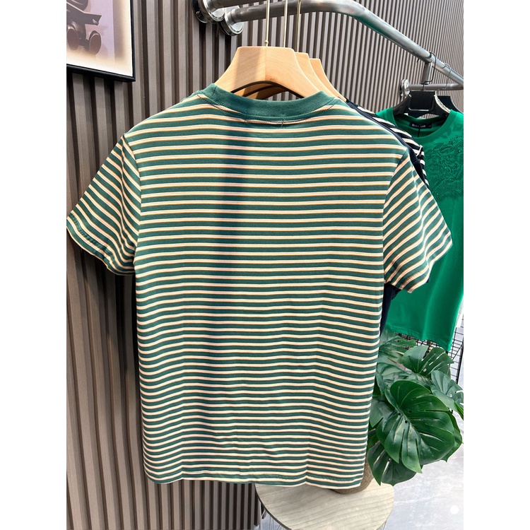 Áo Thun Cotton Ngắn Tay Kẻ Sọc Ngang Thêu Họa Tiết Thời Trang Mùa Hè Cho Nam