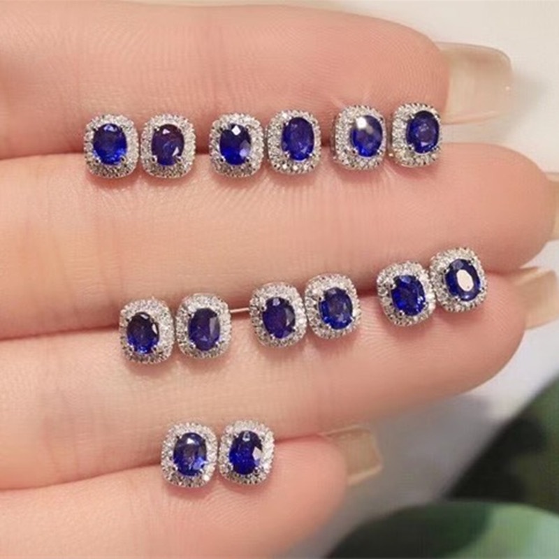 Bông Tai Mini Đính Đá Sapphire Xanh Lam Hình Oval Phong Cách Retro Thanh Lịch