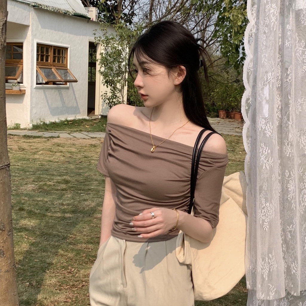 Jiashucheng Áo Thun Ngắn Tay Trễ Vai Ôm Dáng Phong Cách Phương Tây Gợi Cảm Mùa Hè Cho Nữ