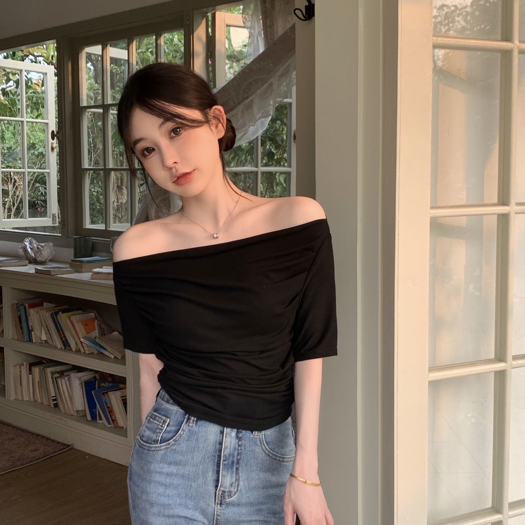 Jiashucheng Áo Thun Ngắn Tay Trễ Vai Ôm Dáng Phong Cách Phương Tây Gợi Cảm Mùa Hè Cho Nữ