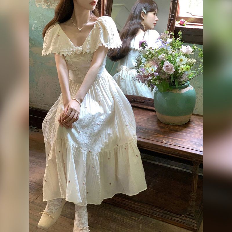 Đầm Dáng Dài Cổ Chữ v In Họa Tiết Thời Trang Pháp Cổ Điển Hàng Mới 2023~7.5