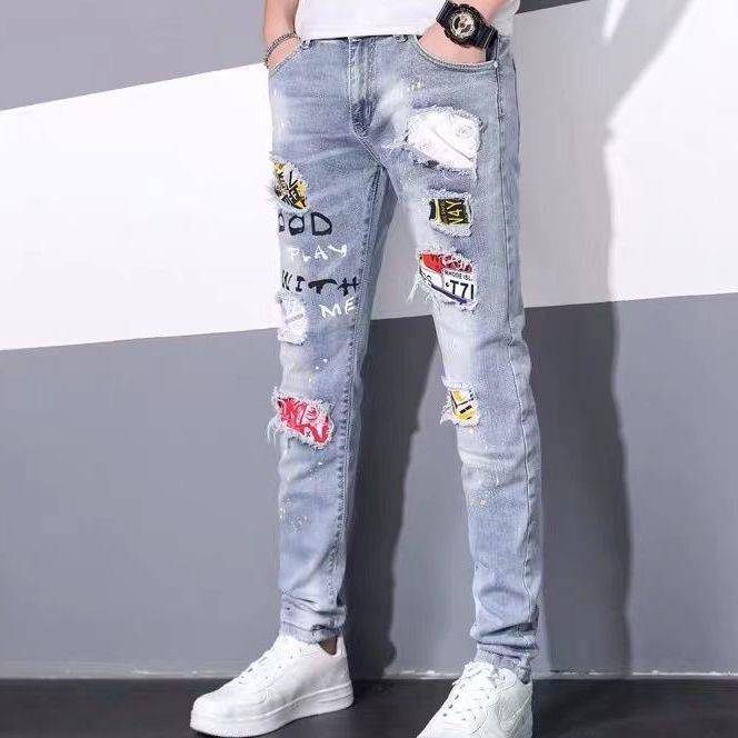 Xu hướng mùa thu có nhiều lỗ bổ sung phiên bản hàn quốc cũ của nam giới quần ăn xin mỏng hàng hiệu hợp thời trang co giãn den