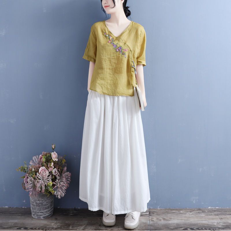 Áo Thun 40% Cotton Tay Ngắn Dáng Rộng Thêu Họa Tiết Phong Cách Retro Dành Cho Nữ