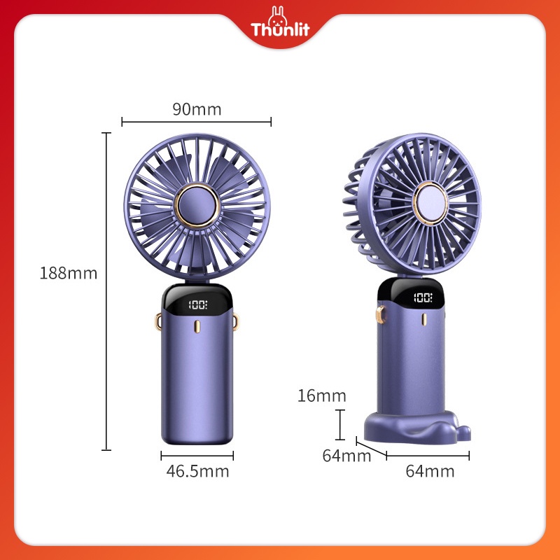 Quạt sạc THUNLIT 3000mah thiết kế di động cầm tay gấp và để bàn với màn hình LED