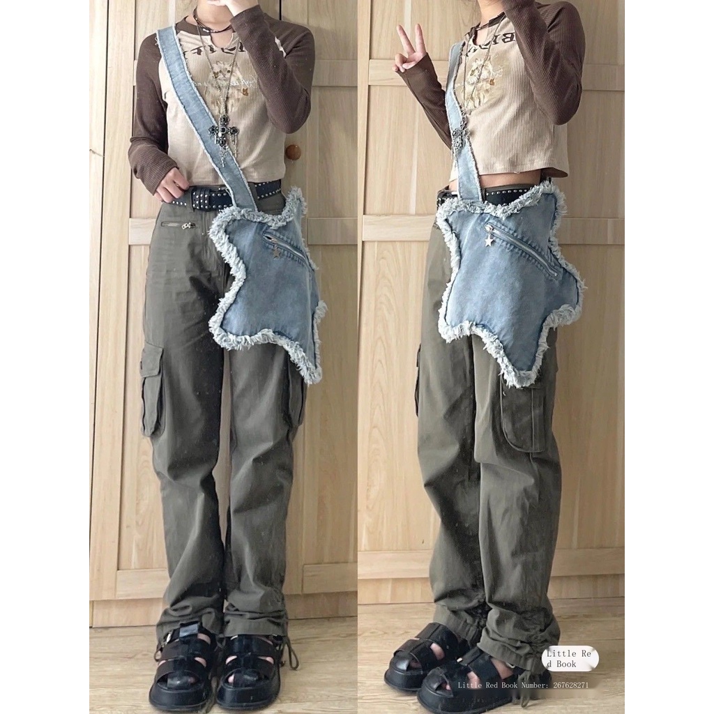 5yby Túi denim y2k Họa Tiết Ngôi Sao Dễ Thương Viền Thô Có Thể Điều Chỉnh Phong Cách ins