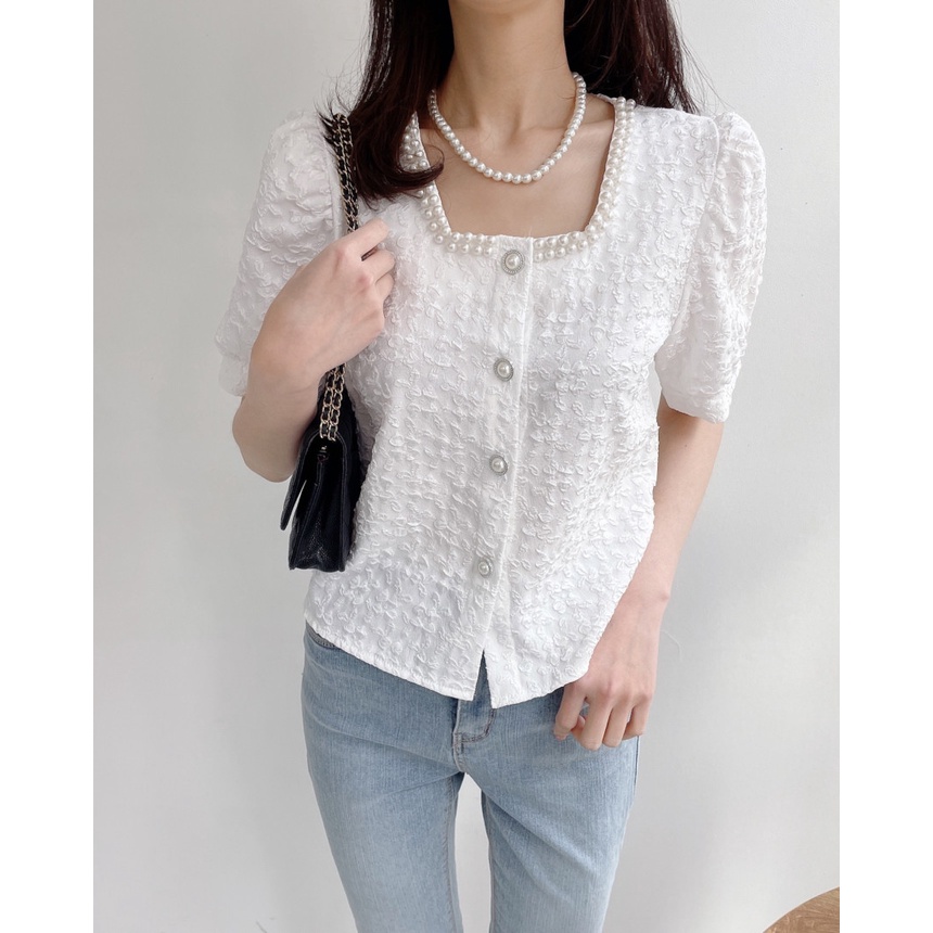 SUXI Áo Kiểu Tay Phồng Ngắn Cổ Vuông Phong Cách Vintage Hàn Quốc Cho Nữ