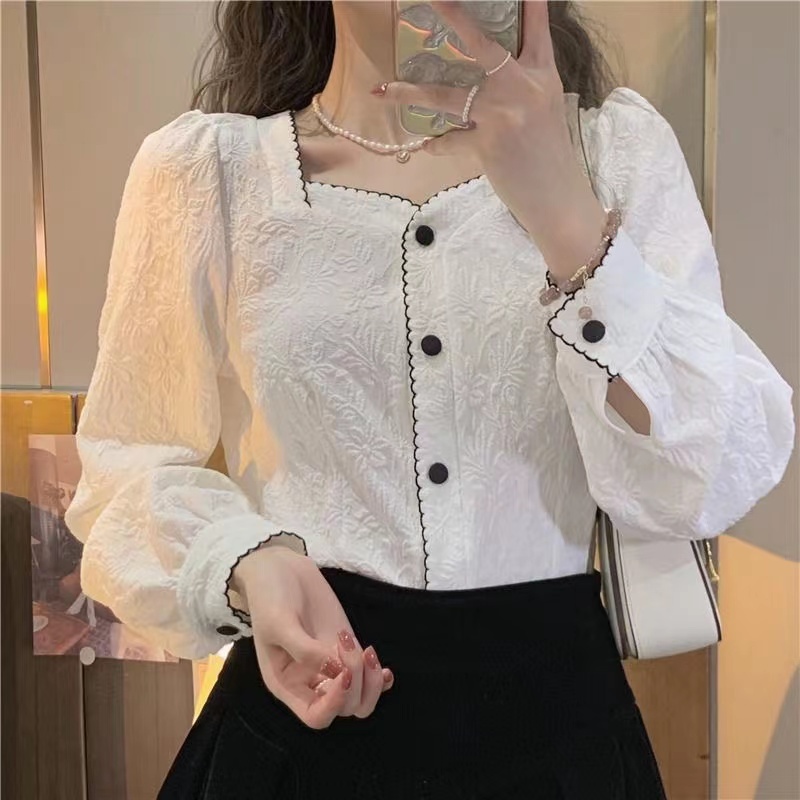 Áo Kiểu Tay Dài Cổ Vuông Dáng Ôm Thời Trang retro Hàn Quốc Cho Nữ