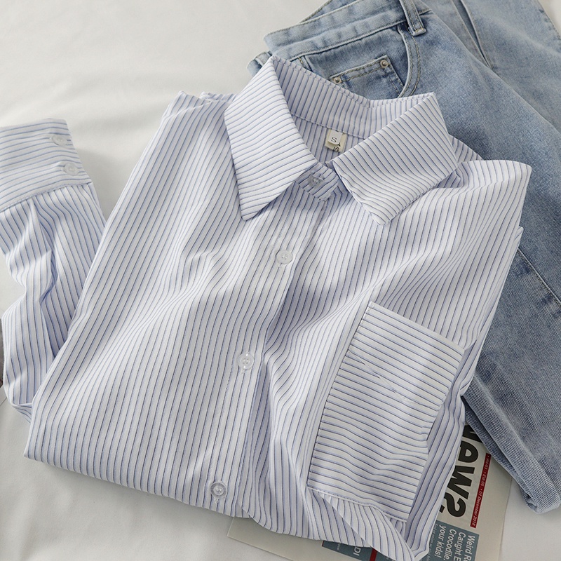 Áo Sơ Mi Nữ Kẻ Sọc Dài Tay Dáng Rộng Phong Cách Hàn Quốc Baju Baju Wanita Lengan Panjang Hàng Mới Có Sẵn
