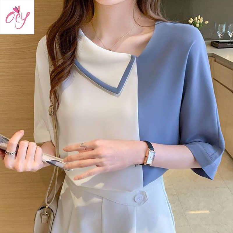 Áo Sơ Mi Chiffon Tay Lửng Dáng Rộng Lệch Vai Phong Cách Mới Dành Cho Nữ