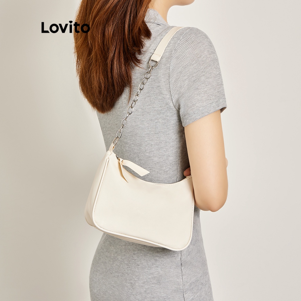 Túi đeo chéo LOVITO hobo màu trơn dây chuỗi xích kim loại thường ngày cho nữ L46BA001 (màu trắng/ màu vàng/ màu đen)