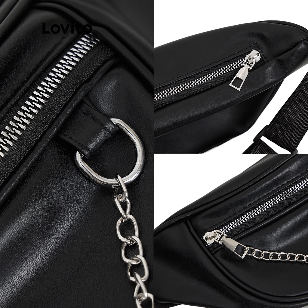 Túi đeo ngang eo LOVITO dây canvas chuỗi xích kim loại màu trơn thường ngày cho nữ L46BA006 (màu trắng/ màu đen)